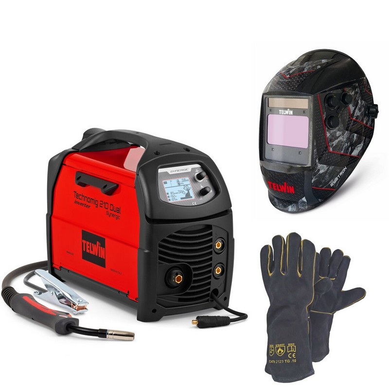 TELWIN Technomig 210 Dual Synergic + Maschera TELWIN EYETRON TRUE COLOR  + Guanti in Crosta di Cuoio