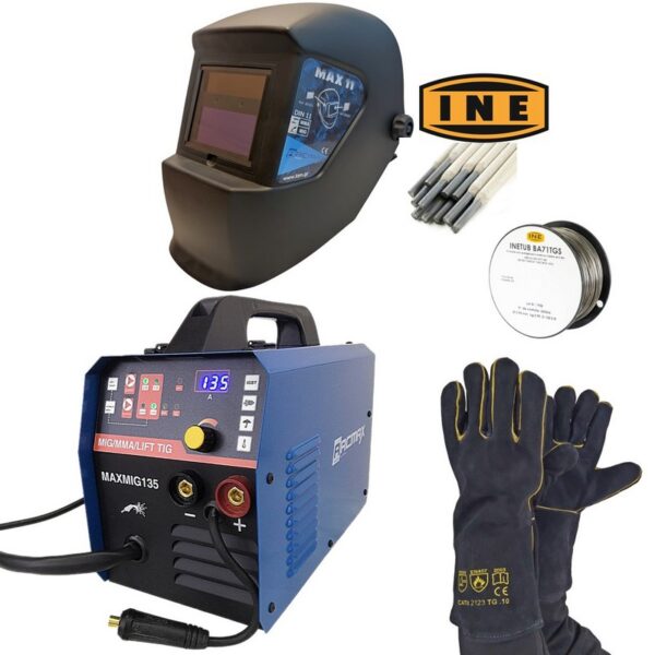 ARCMAX Maxmig 135+ Maschera Auto-Oscurante MAX 11 + Guanti in Crosta + Elettrodi + Filo No Gas