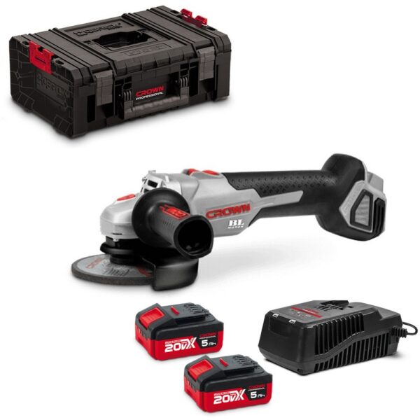 CROWN PROFESSIONAL Smerigliatrice Angolare a Batteria+ 2 Batterie 5Ah e Caricabatteria CT23001-125HX-5 IMC